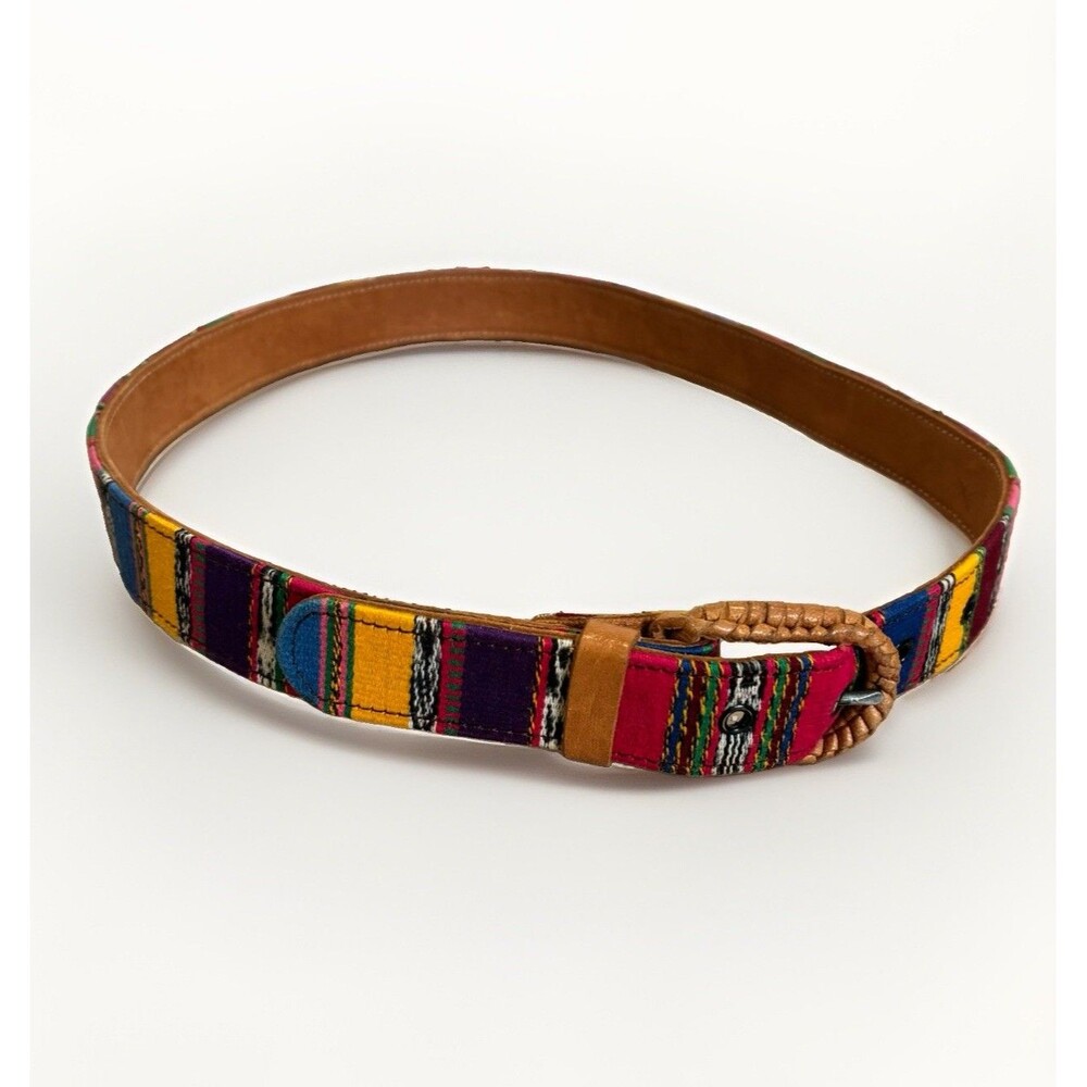 Vintage Cotton Woven Belt Leather Guatemalan Multi Color Boho Festival Size 30